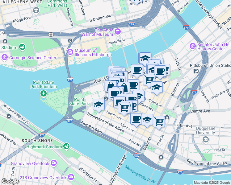map of restaurants, bars, coffee shops, grocery stores, and more near in Pittsburgh