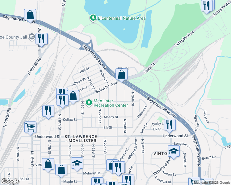 map of restaurants, bars, coffee shops, grocery stores, and more near 2381 N 24th St in Lafayette