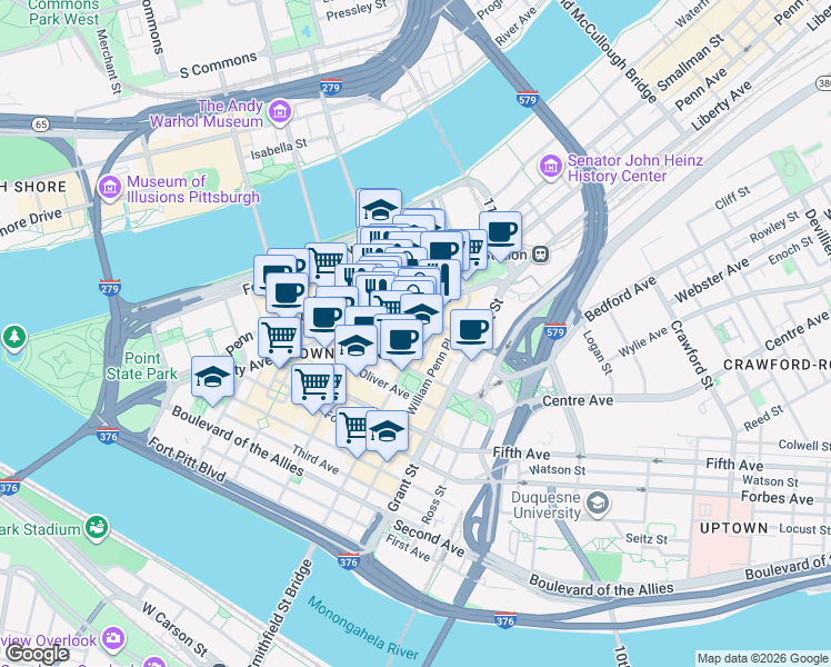 map of restaurants, bars, coffee shops, grocery stores, and more near in Pittsburgh