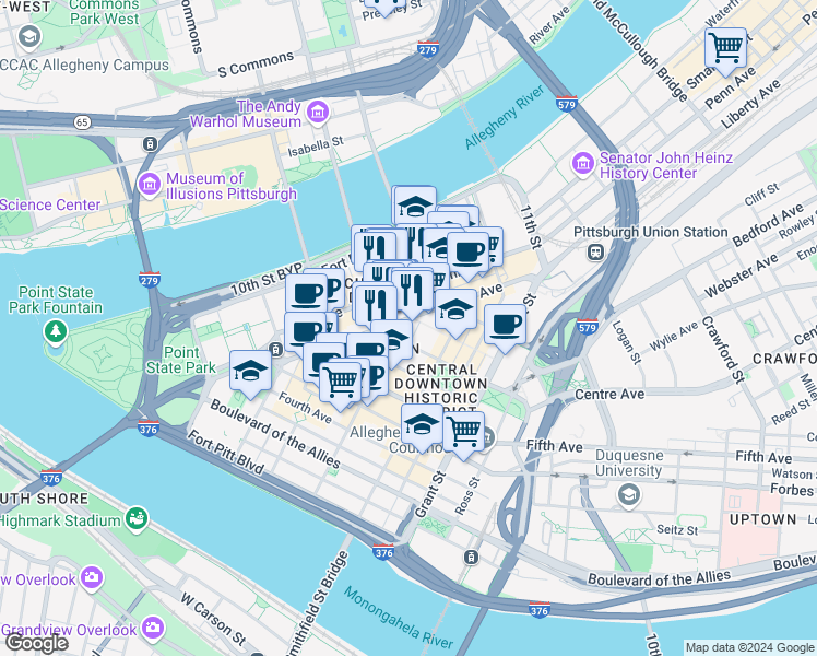 map of restaurants, bars, coffee shops, grocery stores, and more near in Pittsburgh