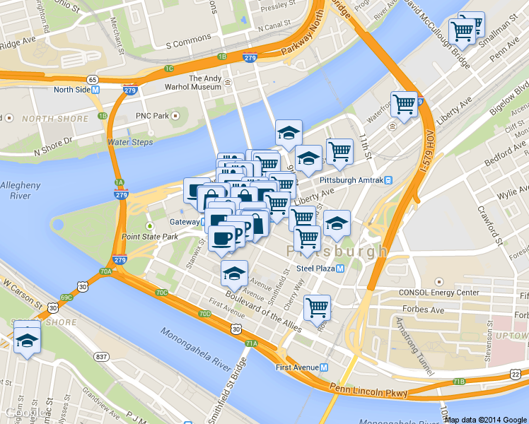 map of restaurants, bars, coffee shops, grocery stores, and more near 649 Penn Avenue in Pittsburgh