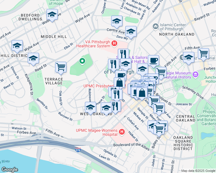 map of restaurants, bars, coffee shops, grocery stores, and more near 3501 Terrace Street in Pittsburgh