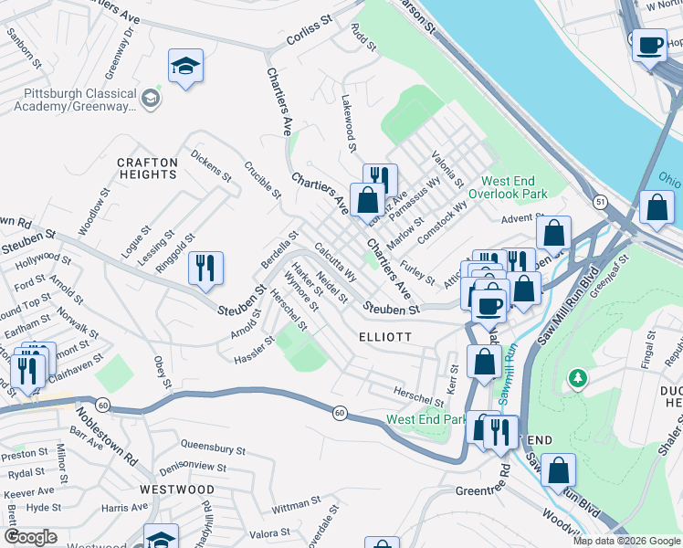 map of restaurants, bars, coffee shops, grocery stores, and more near 861 Crucible Street in Pittsburgh