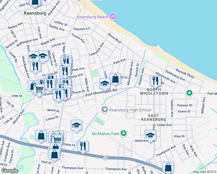 map of restaurants, bars, coffee shops, grocery stores, and more near 255 Twilight Avenue in Keansburg