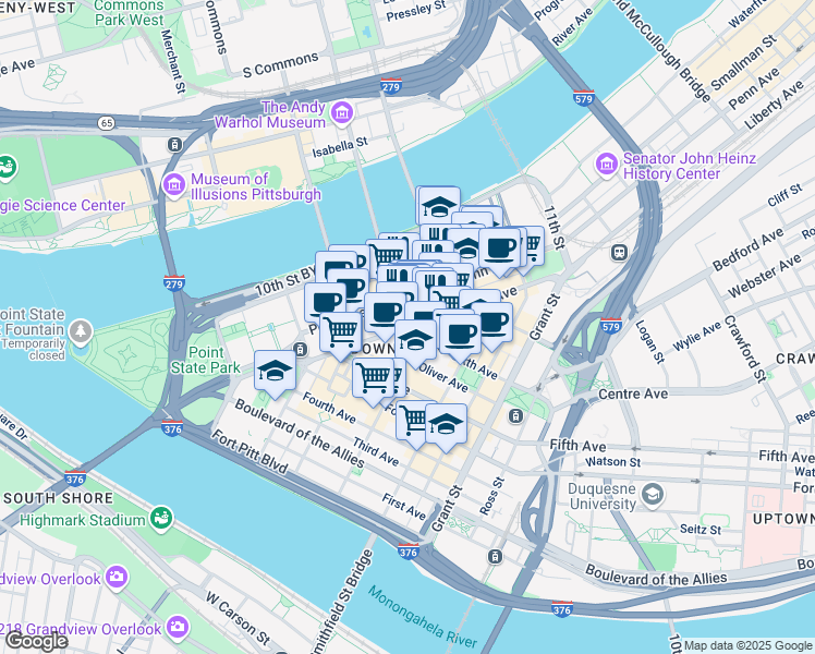 map of restaurants, bars, coffee shops, grocery stores, and more near Liberty Ave & 7th St in Pittsburgh
