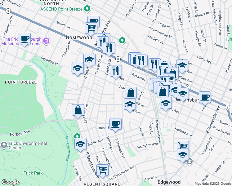 map of restaurants, bars, coffee shops, grocery stores, and more near 318 Franklin Avenue in Pittsburgh