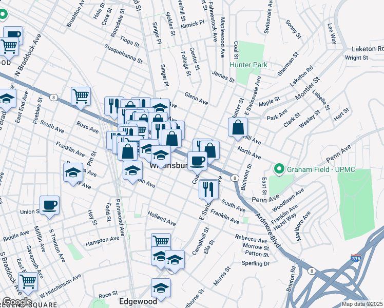 map of restaurants, bars, coffee shops, grocery stores, and more near 810 Taylor Way in Pittsburgh