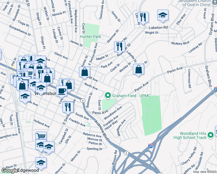 map of restaurants, bars, coffee shops, grocery stores, and more near 1302 Clark Street in Pittsburgh
