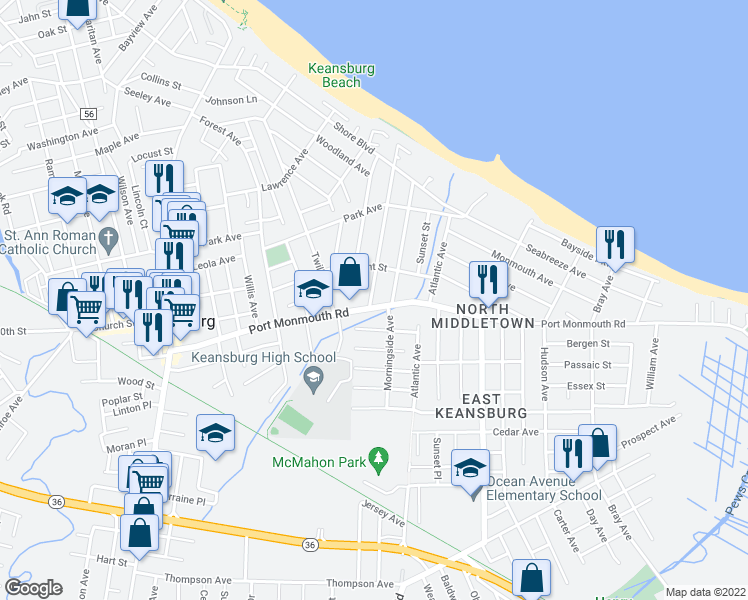 map of restaurants, bars, coffee shops, grocery stores, and more near 126 Beacon Boulevard in Keansburg