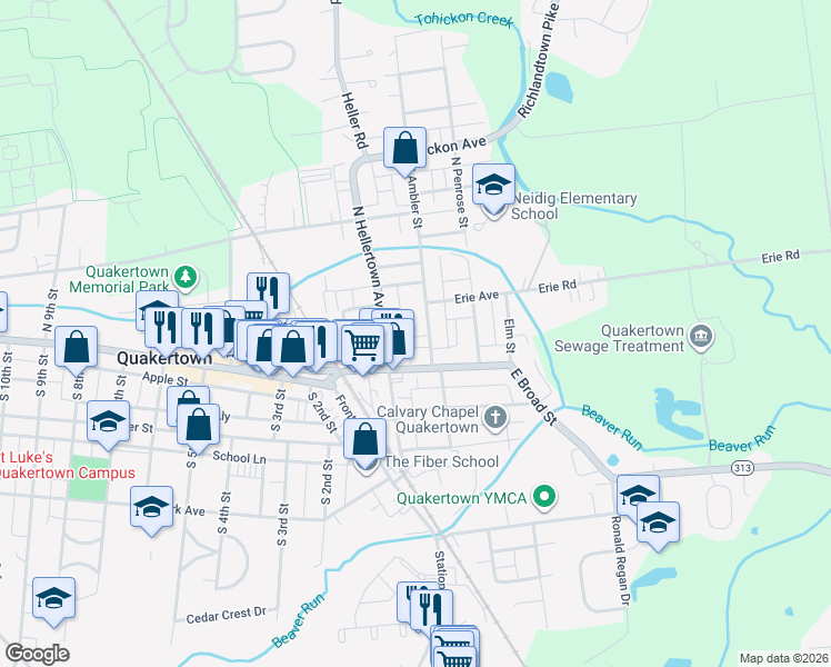 map of restaurants, bars, coffee shops, grocery stores, and more near 34 North Ambler Street in Quakertown