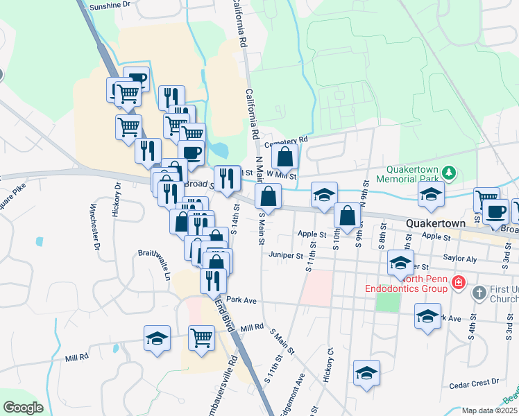 map of restaurants, bars, coffee shops, grocery stores, and more near 4 South Main Street in Quakertown