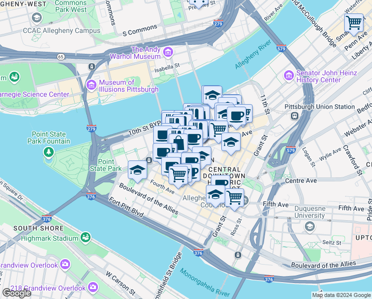map of restaurants, bars, coffee shops, grocery stores, and more near 625 Liberty Avenue in Pittsburgh