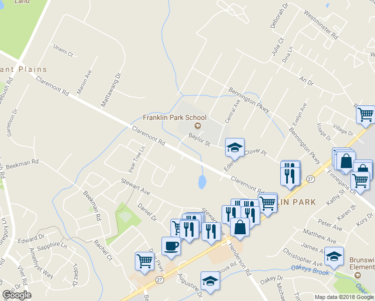 map of restaurants, bars, coffee shops, grocery stores, and more near 78 Claremont Road in Franklin Township