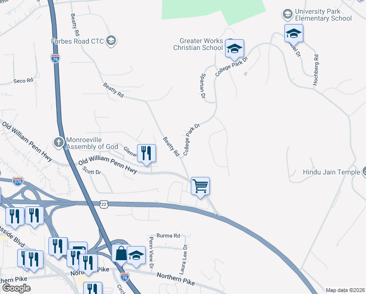 map of restaurants, bars, coffee shops, grocery stores, and more near 113 College Park Drive in Monroeville