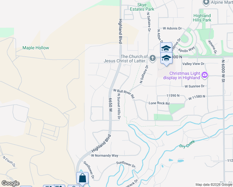 map of restaurants, bars, coffee shops, grocery stores, and more near 11597 North Sunset Hills Drive in Highland