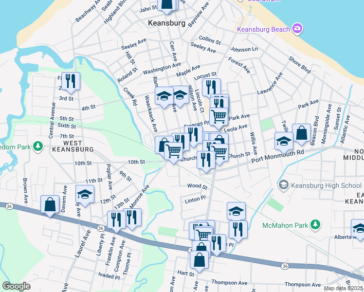 map of restaurants, bars, coffee shops, grocery stores, and more near 63 Manning Place in Keansburg