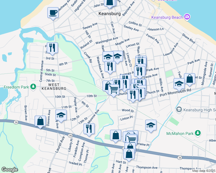map of restaurants, bars, coffee shops, grocery stores, and more near 161 Ramsey Avenue in Keansburg