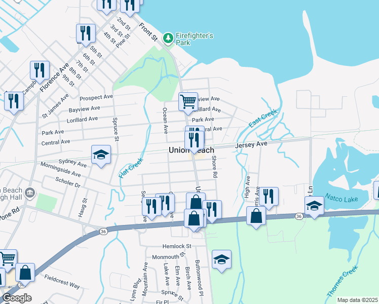map of restaurants, bars, coffee shops, grocery stores, and more near in Union Beach
