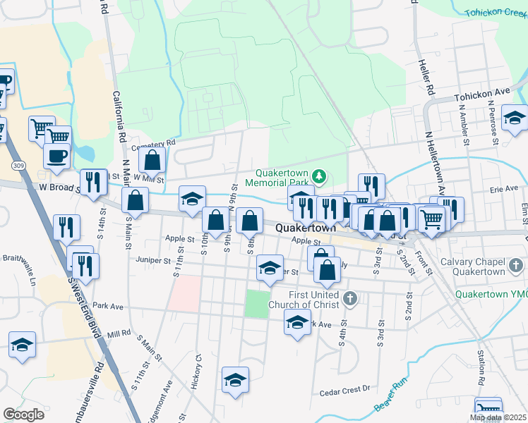 map of restaurants, bars, coffee shops, grocery stores, and more near 713 West Broad Street in Quakertown
