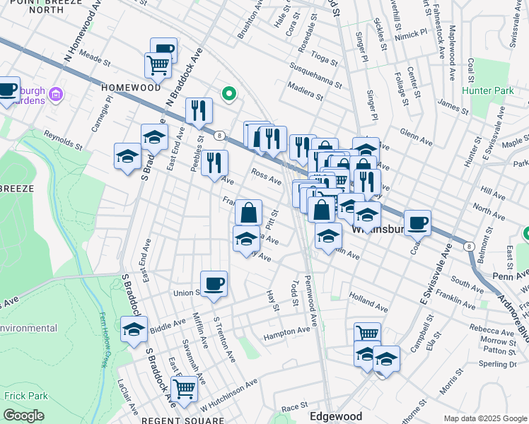 map of restaurants, bars, coffee shops, grocery stores, and more near 444 South Avenue in Pittsburgh