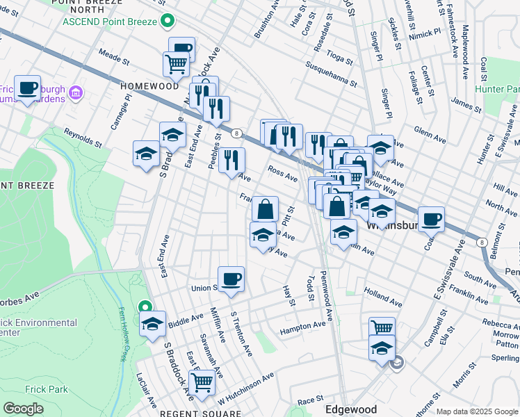 map of restaurants, bars, coffee shops, grocery stores, and more near 419 Franklin Avenue in Pittsburgh