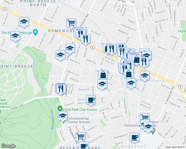 map of restaurants, bars, coffee shops, grocery stores, and more near 318 Franklin Avenue in Pittsburgh