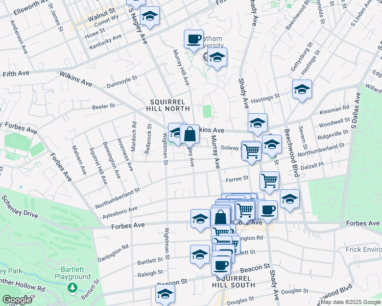 map of restaurants, bars, coffee shops, grocery stores, and more near 1326 South Negley Avenue in Pittsburgh
