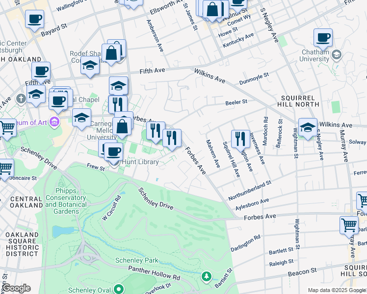 map of restaurants, bars, coffee shops, grocery stores, and more near 5160 Forbes Avenue in Pittsburgh