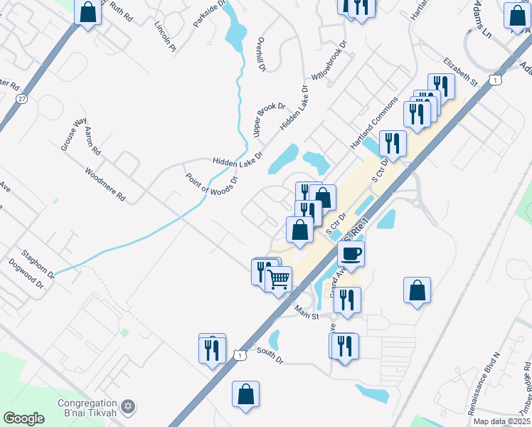 map of restaurants, bars, coffee shops, grocery stores, and more near Darwin Lane in North Brunswick Township