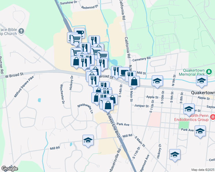 map of restaurants, bars, coffee shops, grocery stores, and more near 44 Alan Lane in Quakertown