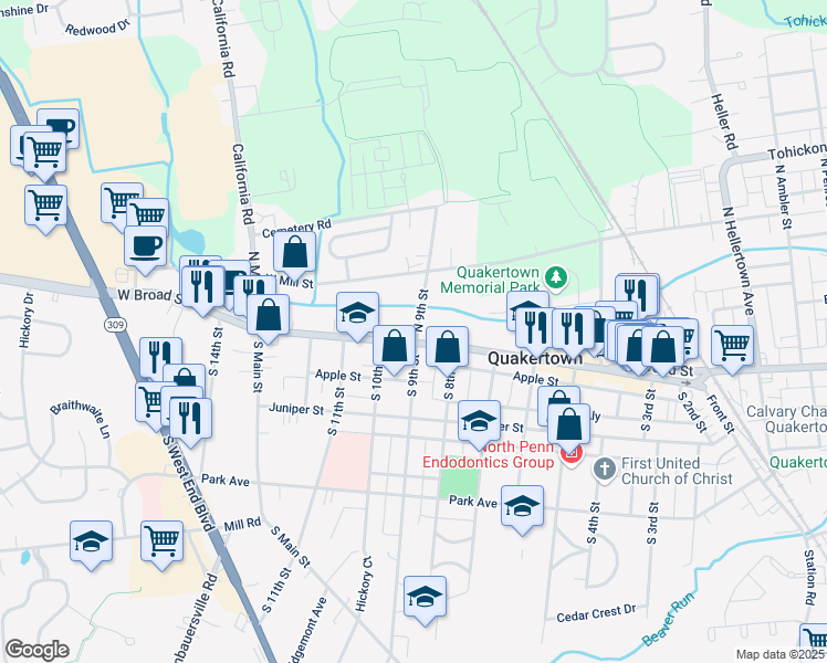 map of restaurants, bars, coffee shops, grocery stores, and more near 901 West Broad Street in Quakertown