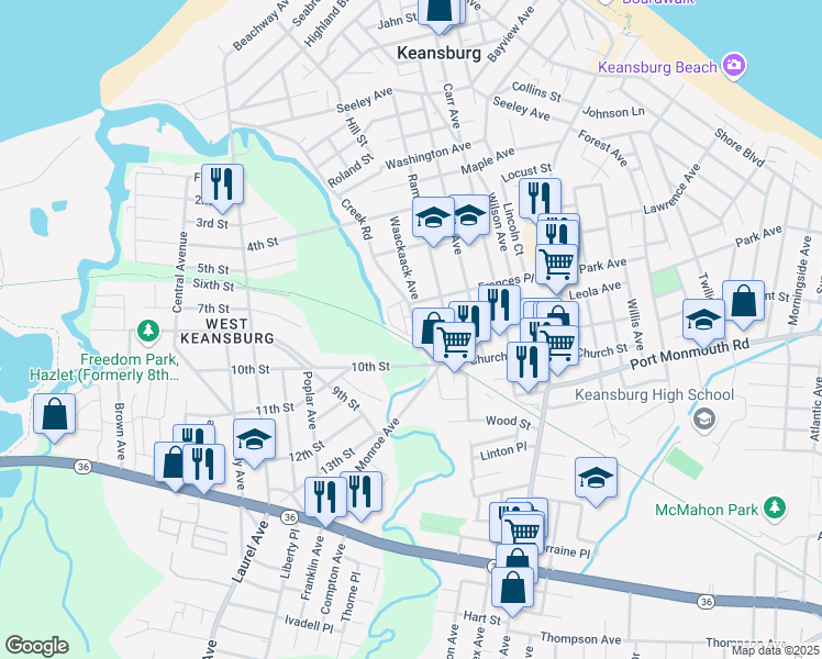 map of restaurants, bars, coffee shops, grocery stores, and more near 247 Creek Road in Keansburg