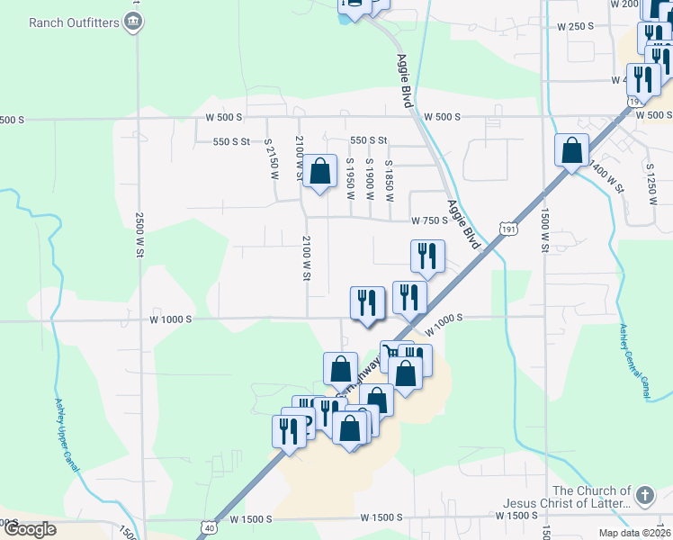 map of restaurants, bars, coffee shops, grocery stores, and more near 885 2050 West Street in Vernal