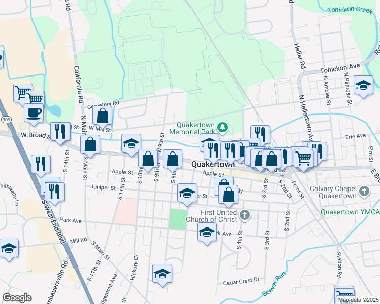 map of restaurants, bars, coffee shops, grocery stores, and more near 713 West Broad Street in Quakertown