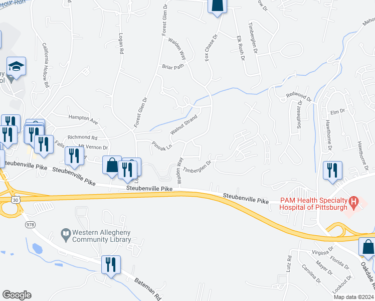map of restaurants, bars, coffee shops, grocery stores, and more near 14 Walden Way in Allegheny