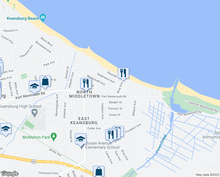 map of restaurants, bars, coffee shops, grocery stores, and more near 82 Monmouth Avenue in Middletown