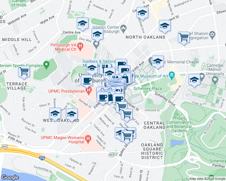 map of restaurants, bars, coffee shops, grocery stores, and more near 3900 Fifth Avenue in Pittsburgh