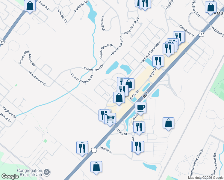 map of restaurants, bars, coffee shops, grocery stores, and more near 270 Kempsey Drive in North Brunswick Township
