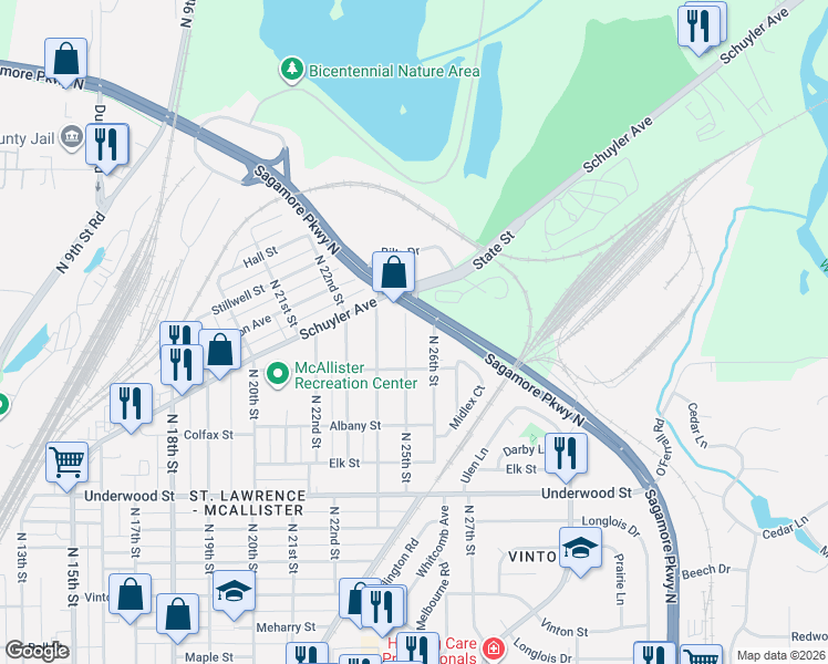 map of restaurants, bars, coffee shops, grocery stores, and more near 2365-2387 Sagamore Pkwy N in Lafayette
