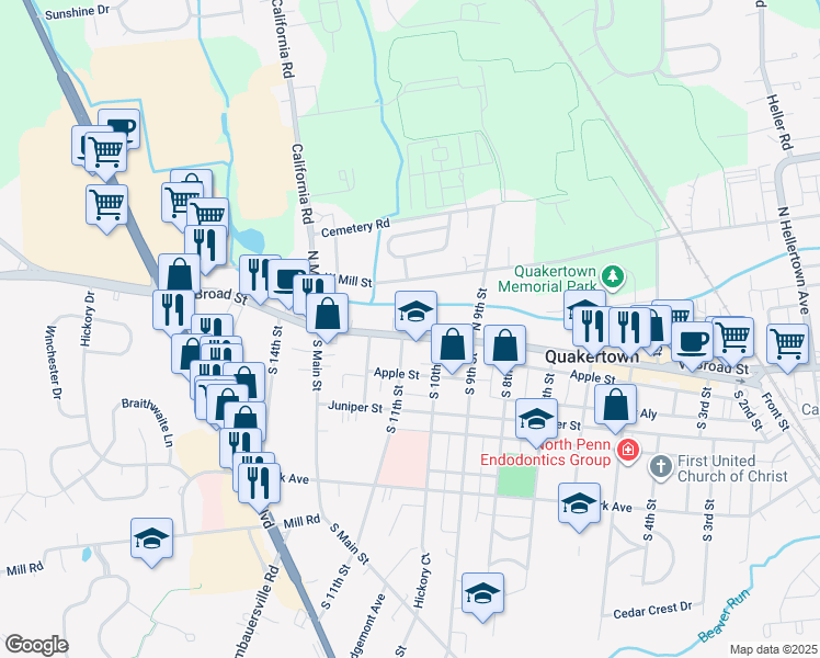 map of restaurants, bars, coffee shops, grocery stores, and more near 1021 West Broad Street in Quakertown