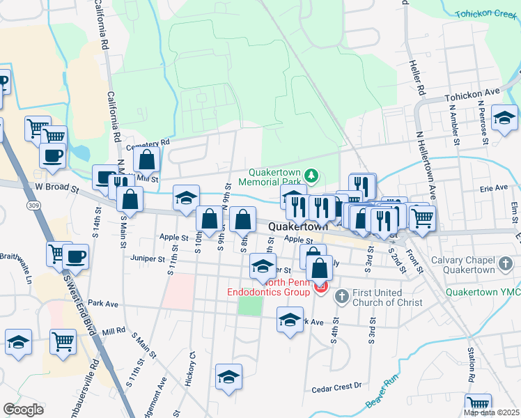 map of restaurants, bars, coffee shops, grocery stores, and more near 721 West Broad Street in Quakertown