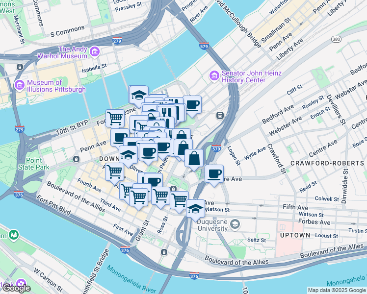 map of restaurants, bars, coffee shops, grocery stores, and more near 717 Grant Street in Pittsburgh