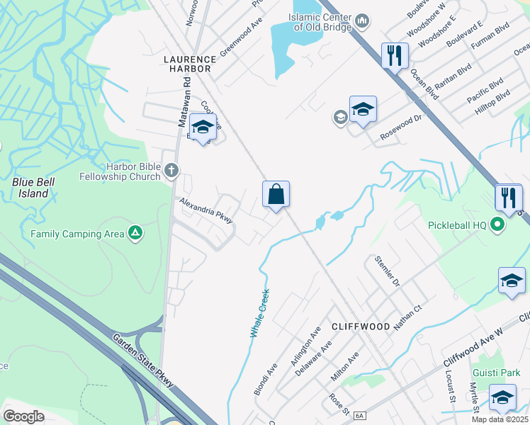 map of restaurants, bars, coffee shops, grocery stores, and more near 6 Rondell Lane in South Amboy