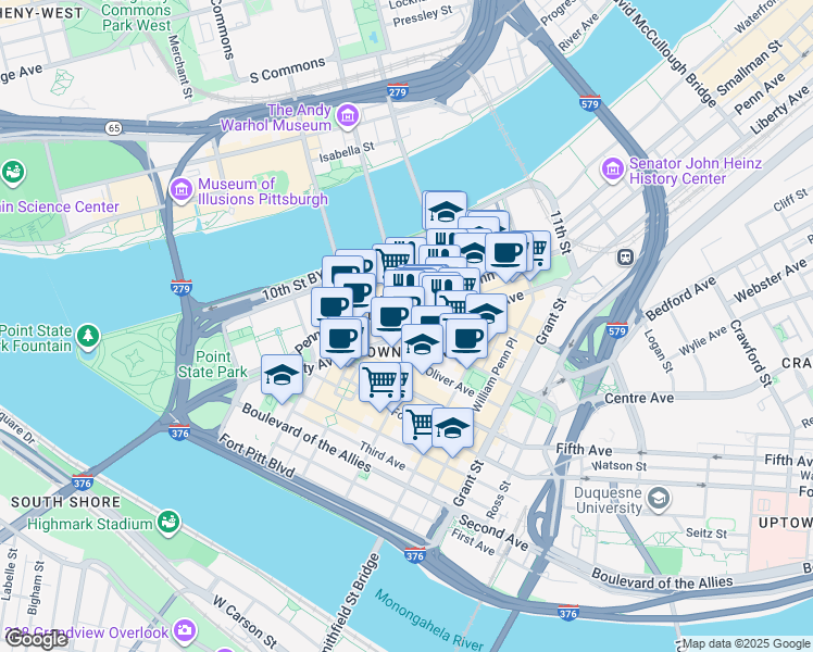 map of restaurants, bars, coffee shops, grocery stores, and more near 643 Liberty Avenue in Pittsburgh