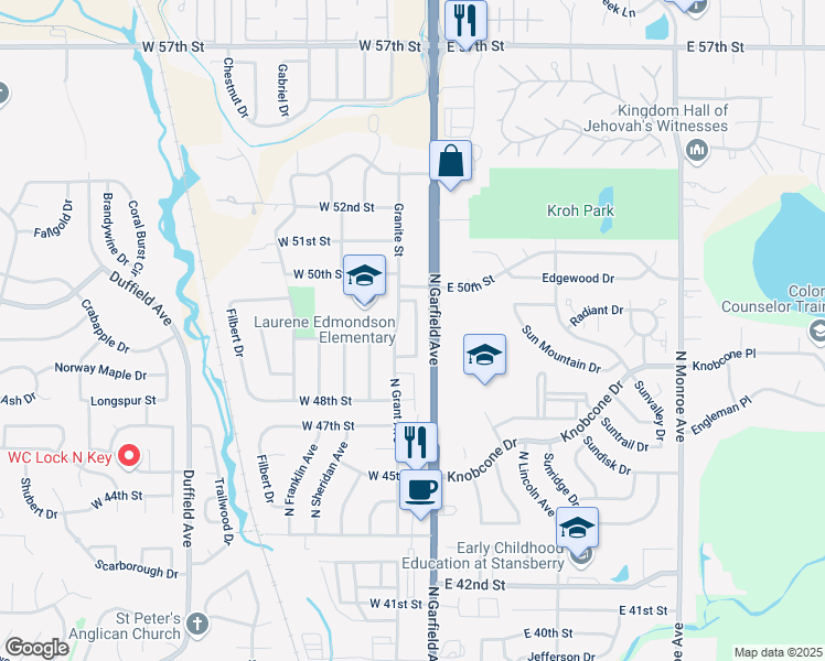 map of restaurants, bars, coffee shops, grocery stores, and more near 4928 Basswood Drive in Loveland