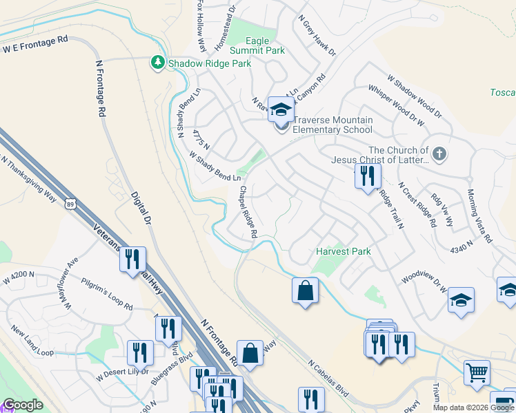 map of restaurants, bars, coffee shops, grocery stores, and more near 4493 North Briarwood Lane in Lehi