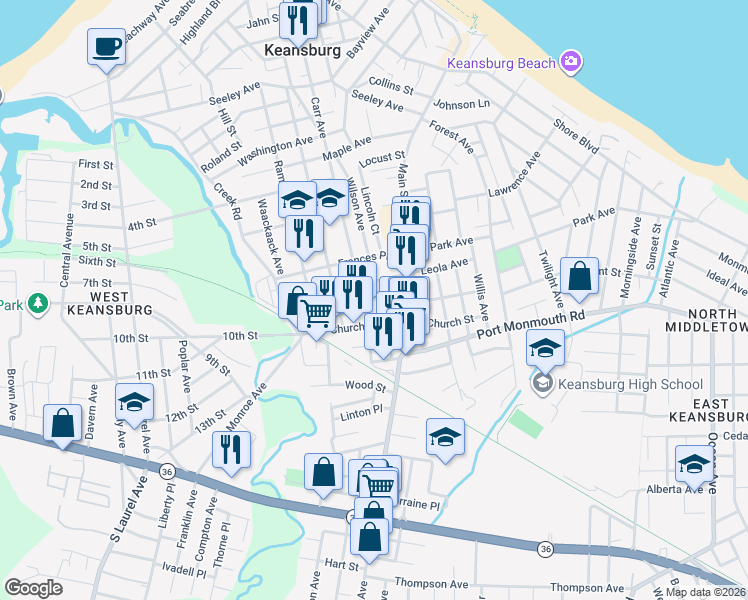 map of restaurants, bars, coffee shops, grocery stores, and more near 348 Carr Avenue in Keansburg