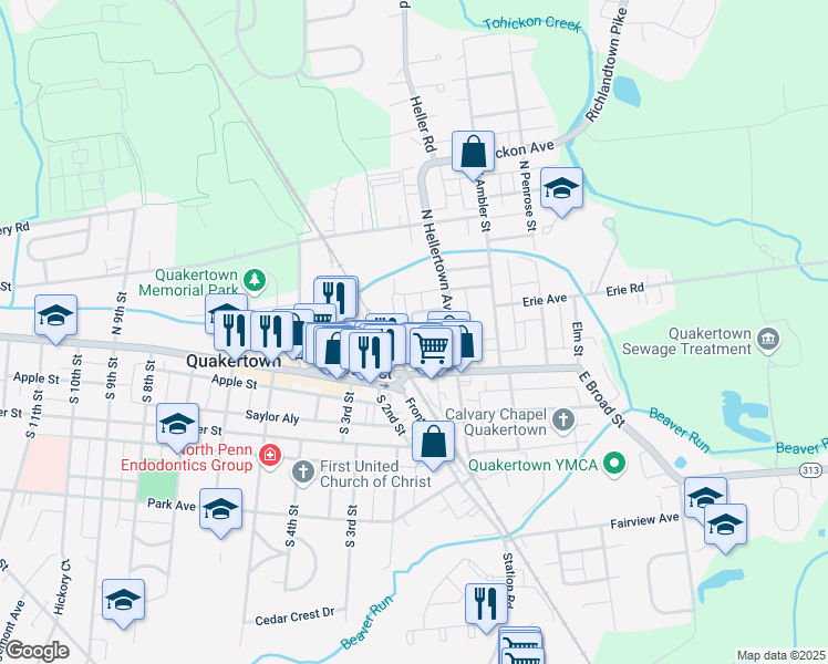 map of restaurants, bars, coffee shops, grocery stores, and more near 49 Belmont Avenue in Quakertown
