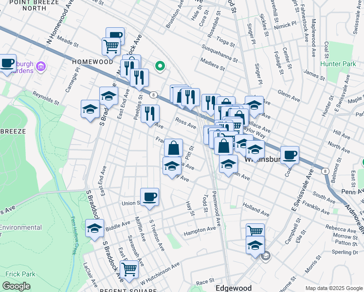 map of restaurants, bars, coffee shops, grocery stores, and more near 419 Franklin Avenue in Pittsburgh