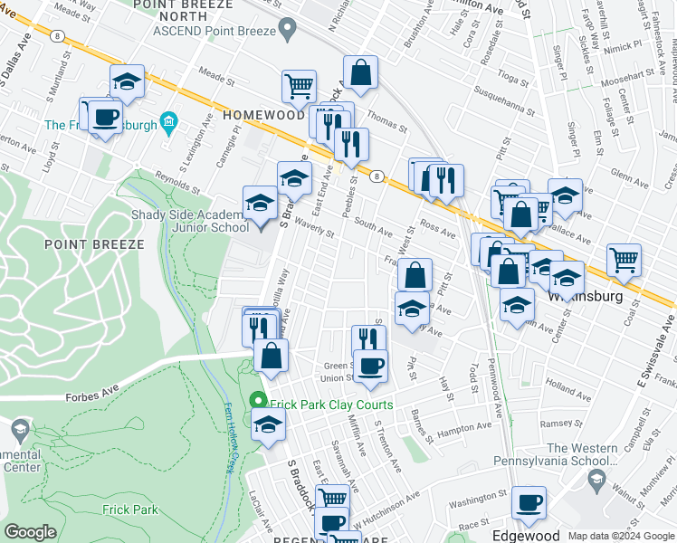 map of restaurants, bars, coffee shops, grocery stores, and more near 410 South Trenton Avenue in Pittsburgh